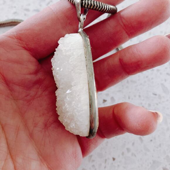 White Druzy Quartz Pendant Necklace on Thick Snake Chain, Boho Style - Picture 6 of 9